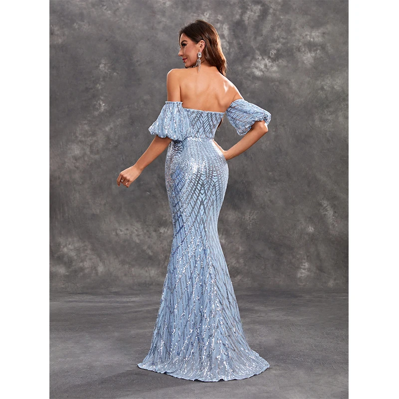 Frauen Sexy Backless Liebsten Kleider Sommer Off Schulter Blau Pailletten Formelle Anlässe Abend Cocktail Prom Langes Kleid Vestido