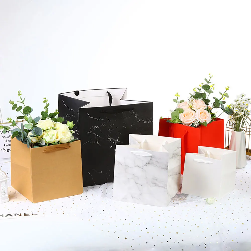 

10PCS White Kraft Black Paper Gift Bags With Handle Square Potted Flower Cake Takeaway Packaging Bag for Business Wedding Favor