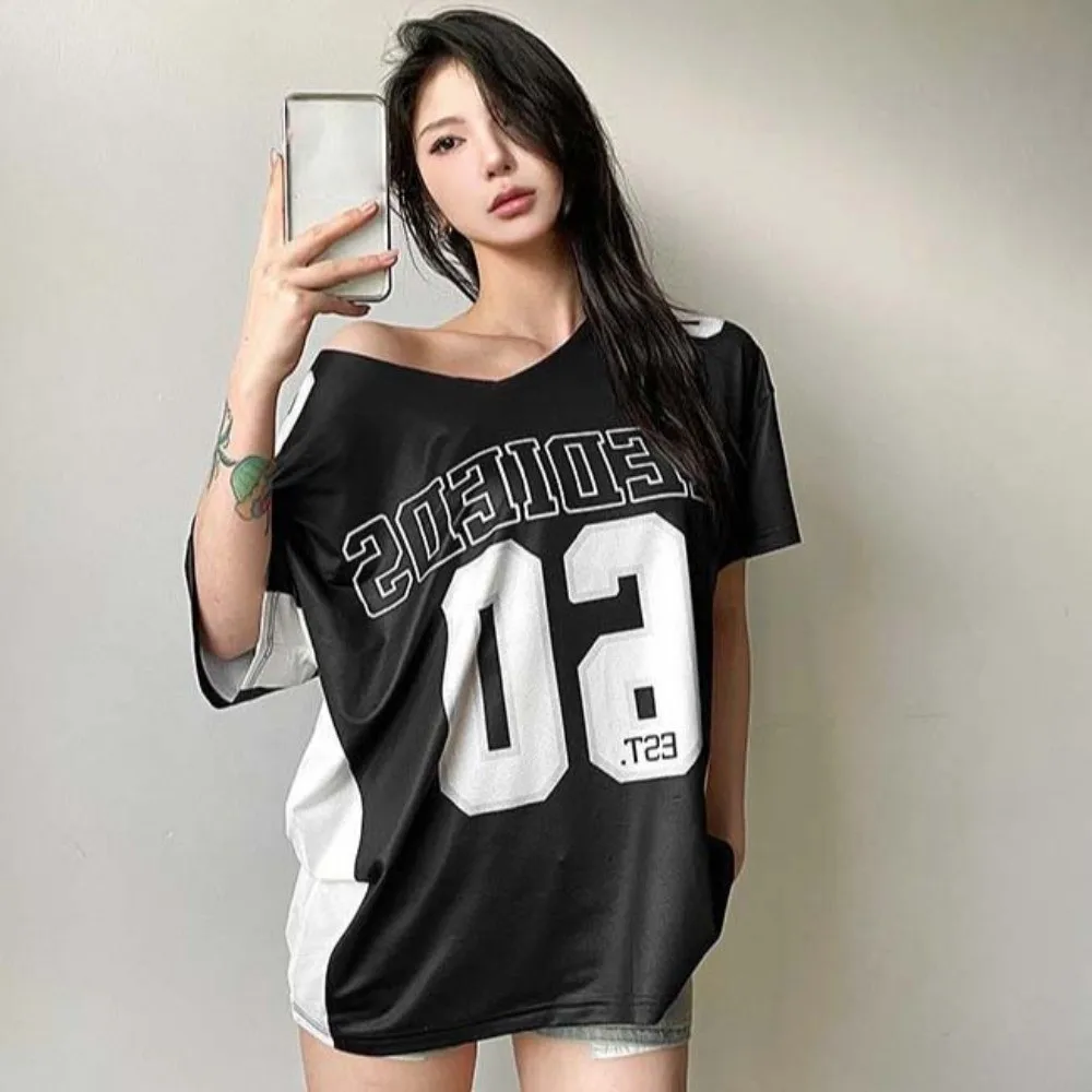 

Asymmetry Sporty Casual T-shirt Numbers Atmosphere Style Short Sleeves Top Casual Versatile Harajuku Short Sleeved Club