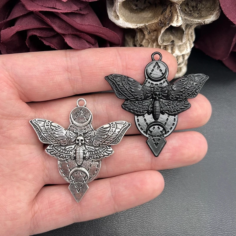 4pcs 49*48mm Antique Silver Color Dead Head Skull Moth Moon Charms Pendant Fit Jewelry Making DIY Jewelry Findings