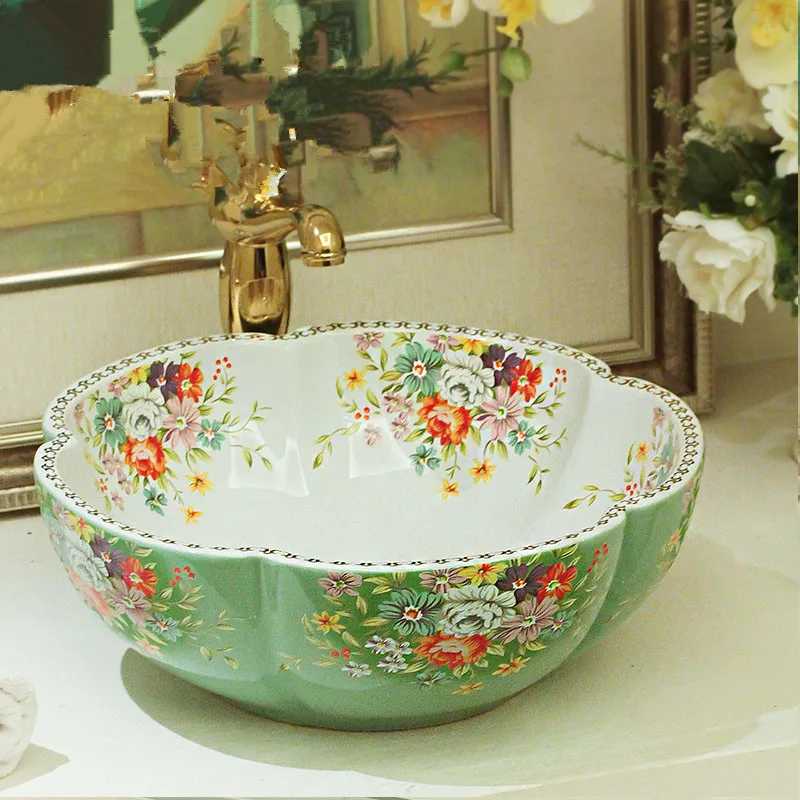 

Flowers Shape Europe Vintage Style Countertop Basin Sink Handmade flower bird Ceramic Bathroom Vessel Sinks ceramic wash basin