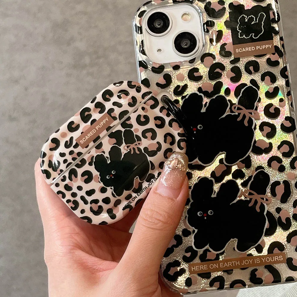 Cute Leopard Print Puppy Dog Case for AirPods 1 2 Cover for AirPods 3 Pro2 Air Pods Pro 2nd Wireless Box Shell with Keyring Hook