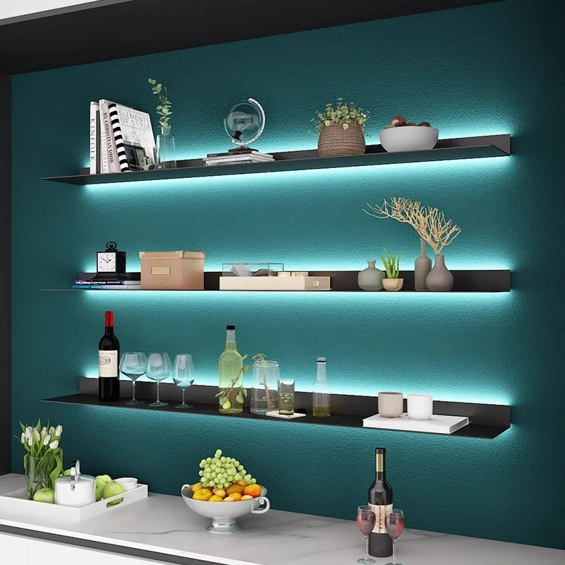 

One-Word Iron Floating Shelf with Luminous Wall Mounted Display Rack for Magazine & Collectibles Minimalist Partition Holder
