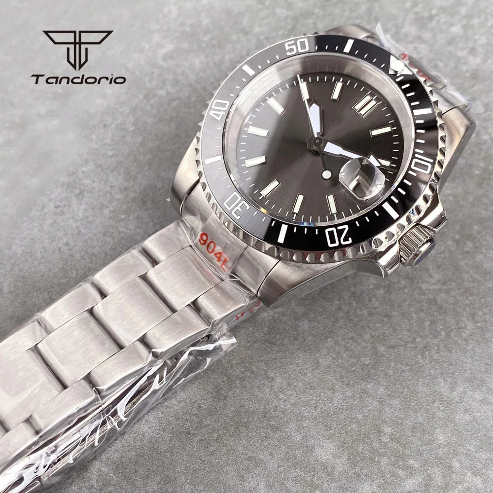 Tandorio Gray Sunburst Automatic NH35 Date Men\'s 40mm Mechanical Watch Sapphire Dive Stainless Steel Wristwatch Luminous Sterile