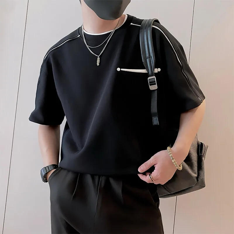 

Trendy Color Blocking Splicing Round Neck T-shirts Men's High-end Social Casual Short Sleeve T-shirt Fashion Versatile Tee Tops