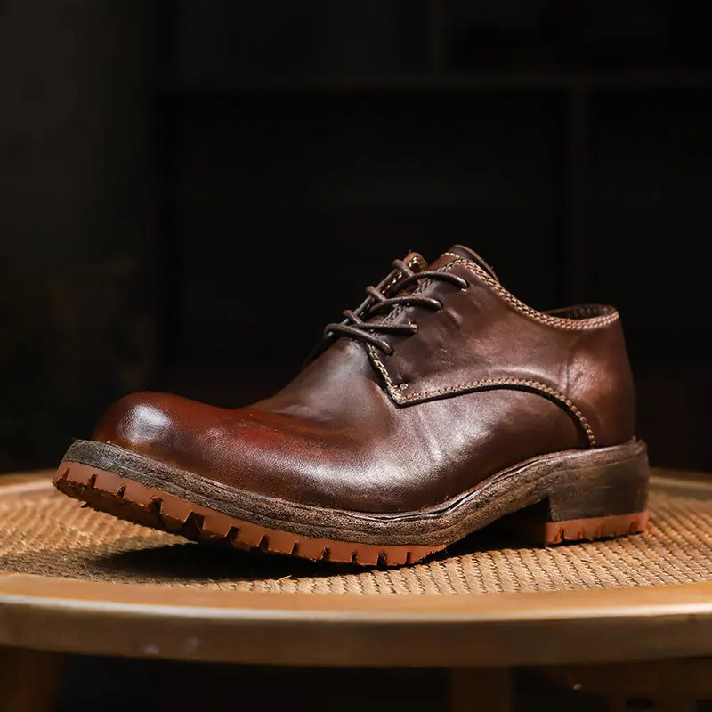 Washed Horse Leather Casual Shoes Men's Dress Shoes England Retro Hand-sewn Horsehide Breathable Comfortable Goodyear Derby Shoe