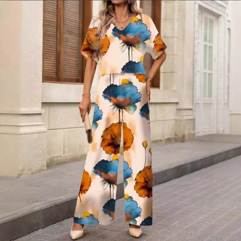 

Women Fashion Print Two Piece Set Spring Summer Casual Loose O Neck Pullover Top Wide Leg Pants For Women New Women Clothes Suit