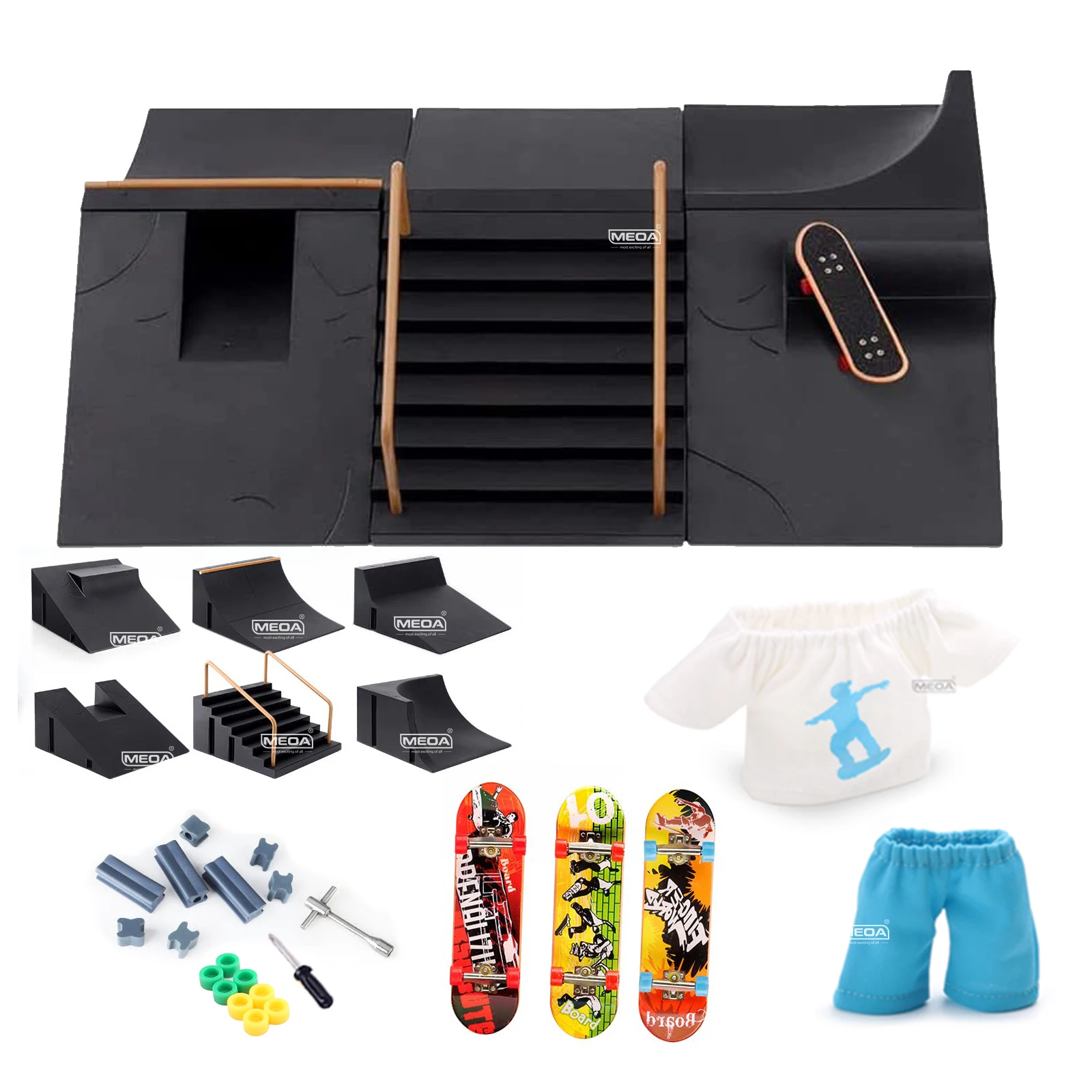 Fingerboard Skatepark Kit Bigger Finger Skateboard Ramp Set Ultimate Skate Parks Training Props Finger Skate Toys with Clothing