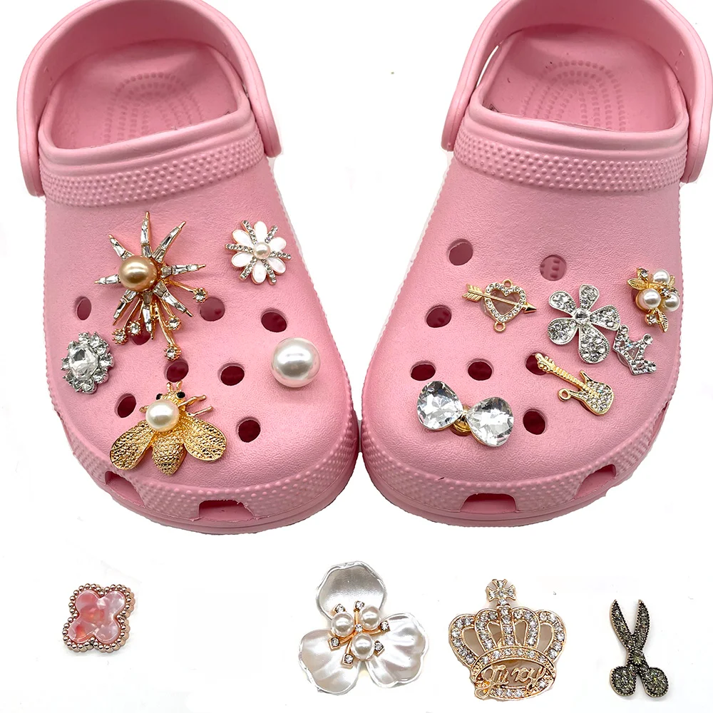 Metal Rhinestone Pearl Flower Guitar Crown Bee Shoe Charms for Clogs Sandals Decoration Shoe Buckle  for Girls Gifts