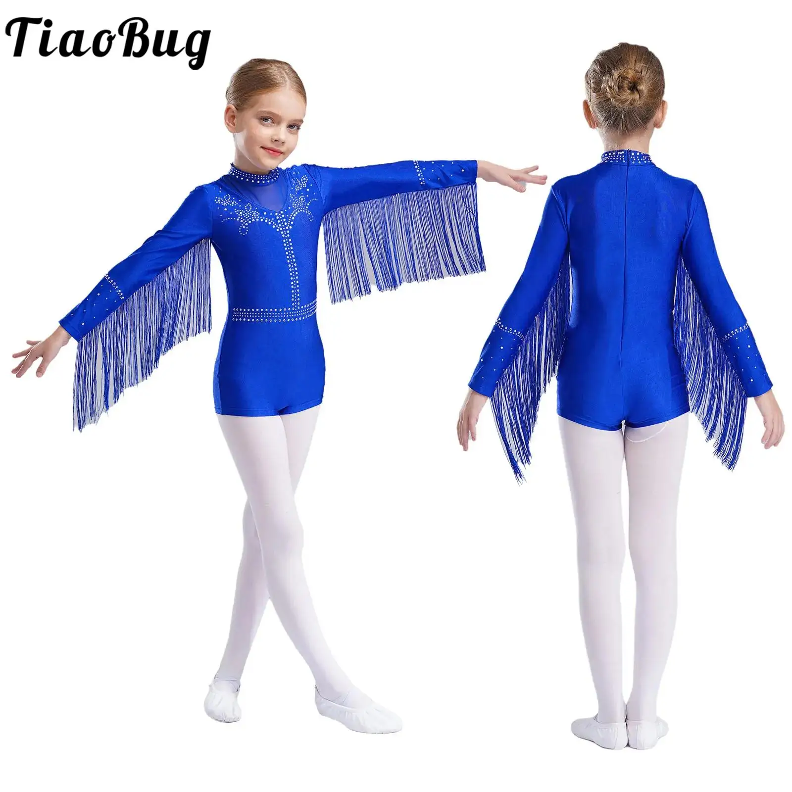 

Girls Dance Leotards Jumpsuit Jazz Latin Performance Costume Tassels Long Sleeve Rhinestones Bodysuit Cha-cha Modern Dancewear