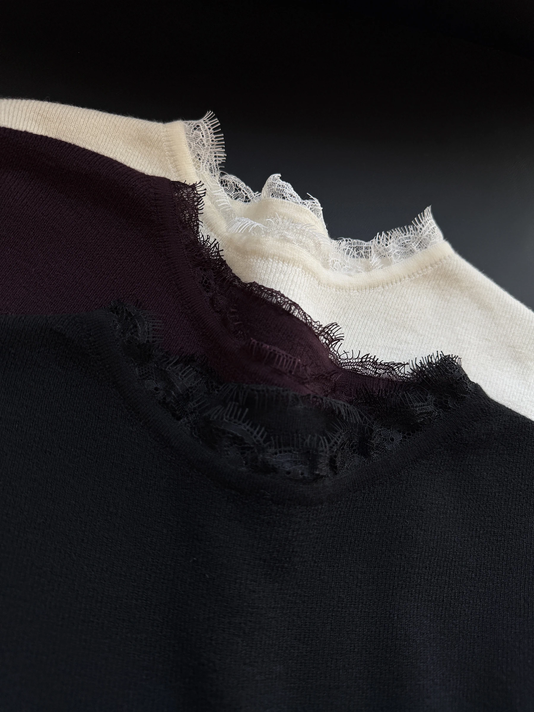 

WANGER Women's Slim Fit Thin Wool Blend Lace Knitwear Base irt Top round Ne Long Sve Color Chinese Made