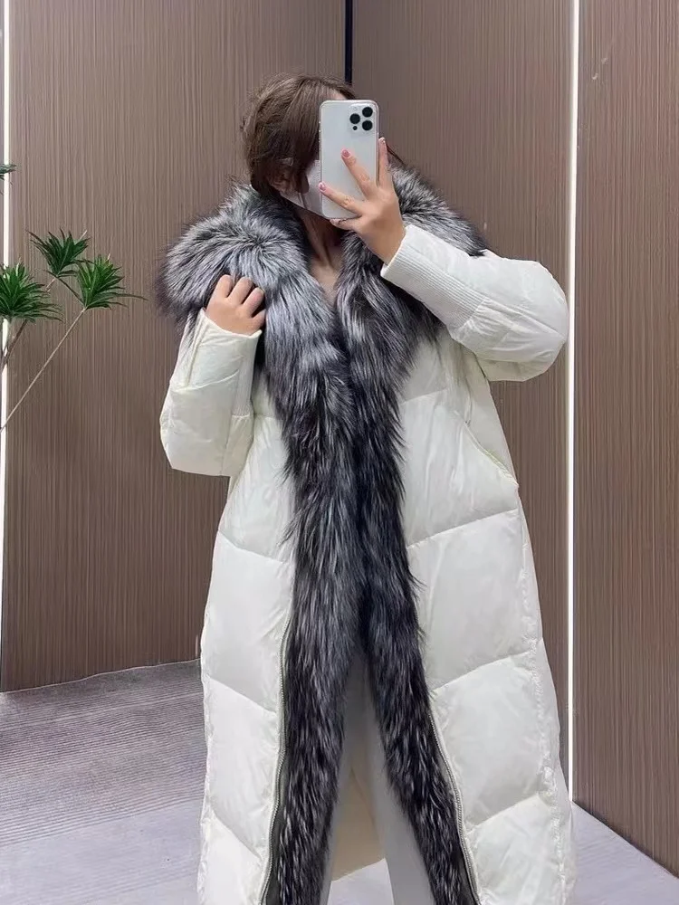 Furshehe Winter Women Long Real Fox Fur Collar White Goose Down Coat Parka Fashion Loose Jacket Warm Luxury Streetwear Outerwear