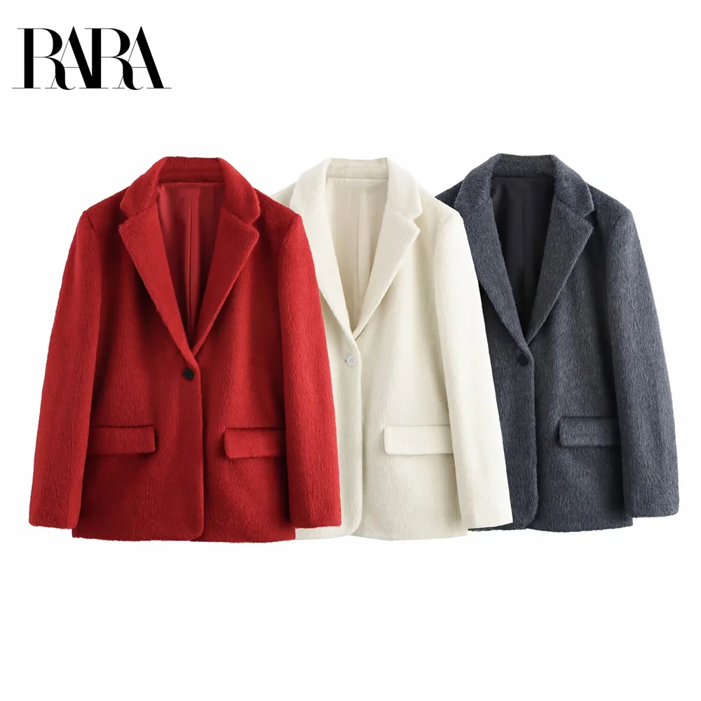 

RARA-Women's Soft Faux Fur Effect Straight Cut Suit Jacket, Casual Commuting, Versatile Flap, Pocket Decoration, New, 2024