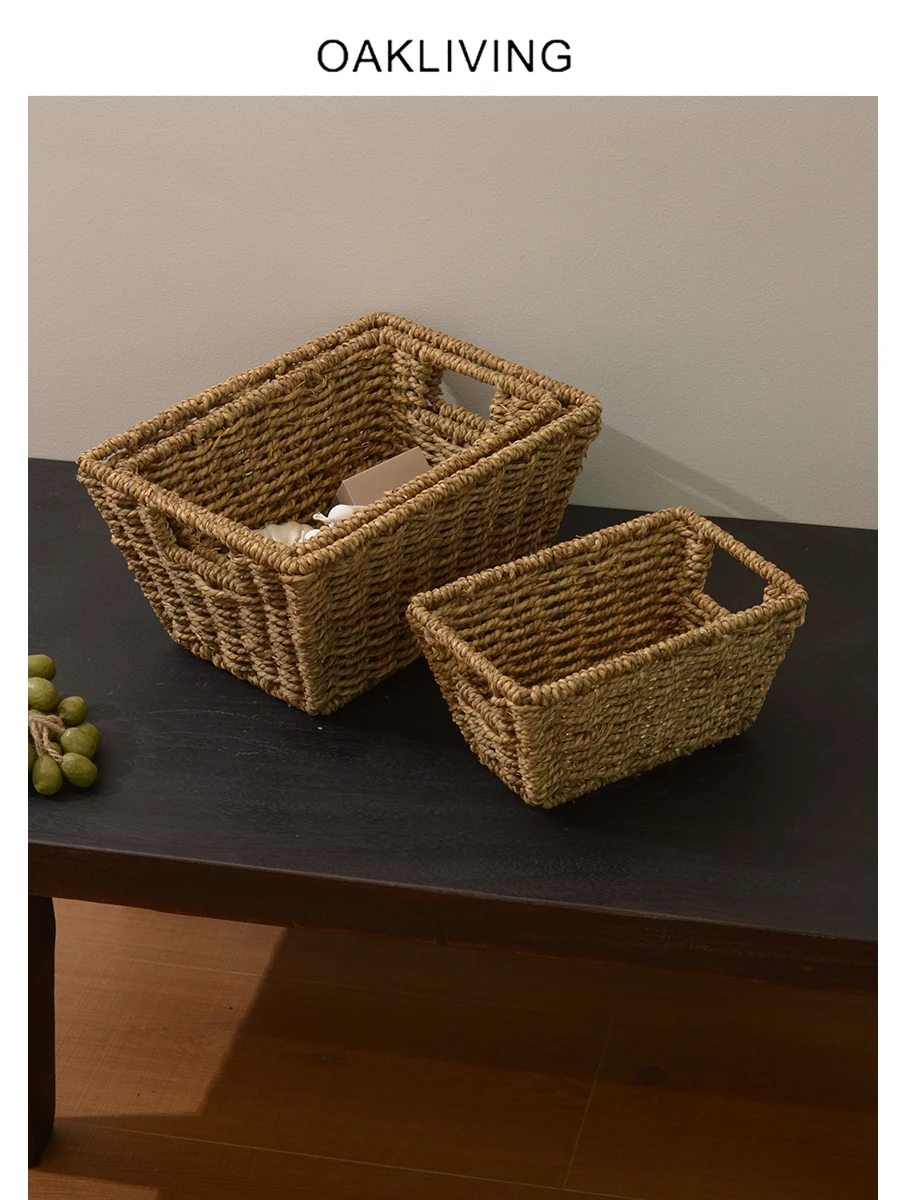oakliving-wicker-sea-grass-storage-basket-square-desktop-miscellaneous-item-organizer-basket-with-handle-wooden-box-material