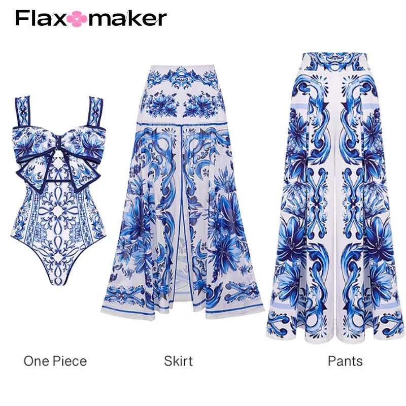 FLAXMAKER Bow Decor Majolica Print One Piece Swimsuit Sexy Bikini Swimsuit Push up Swimwear