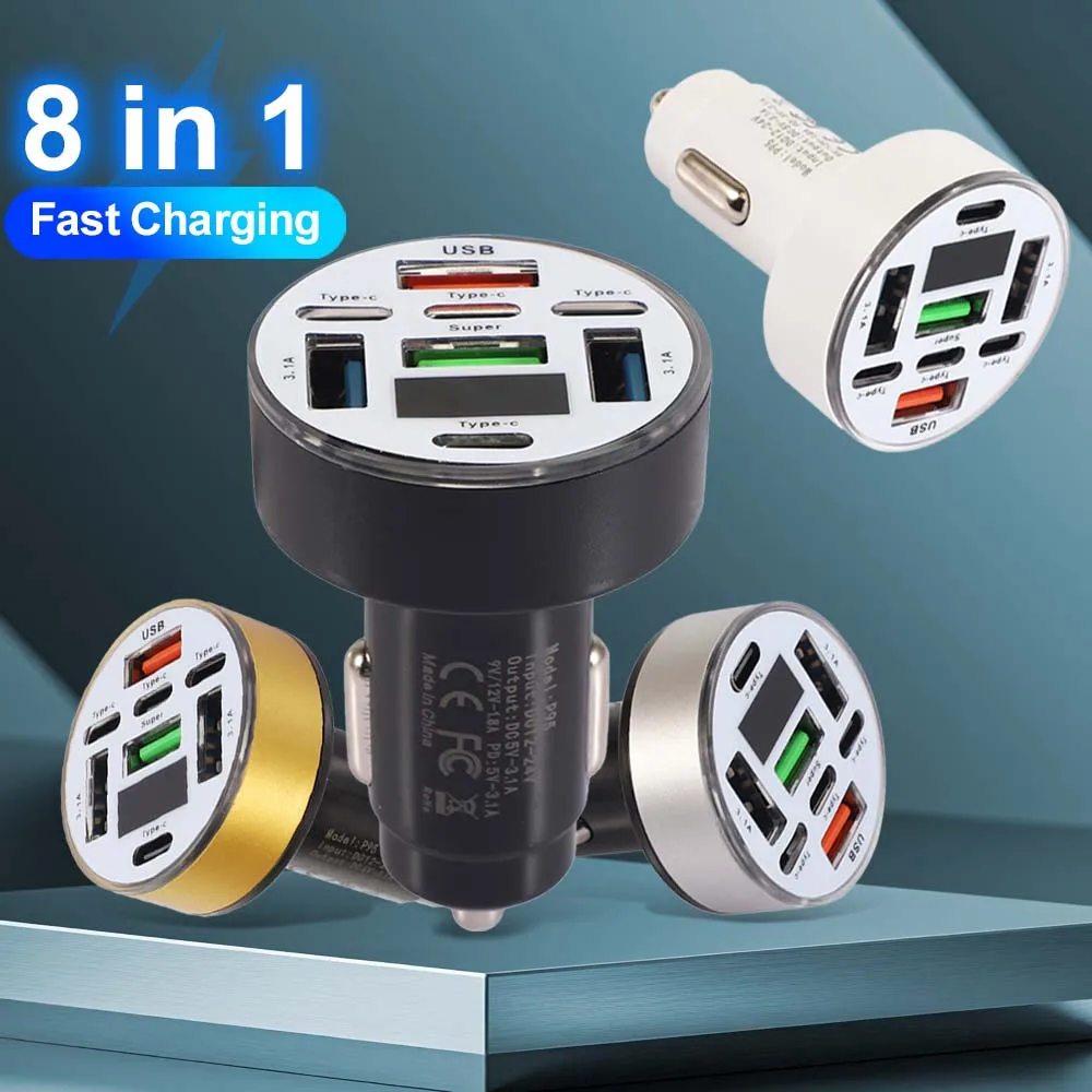 

8 Ports Car Charger Fast Charging Digital Display USB Type C Car Phone Charger Adapter for iphone samsung huawei