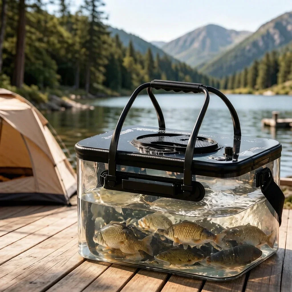 Transparent Foldable Fishing Live Well Bucket Unisex,Fish Storage Water Container with Oxygen Pump, Scratch-Resistant Heavy Duty