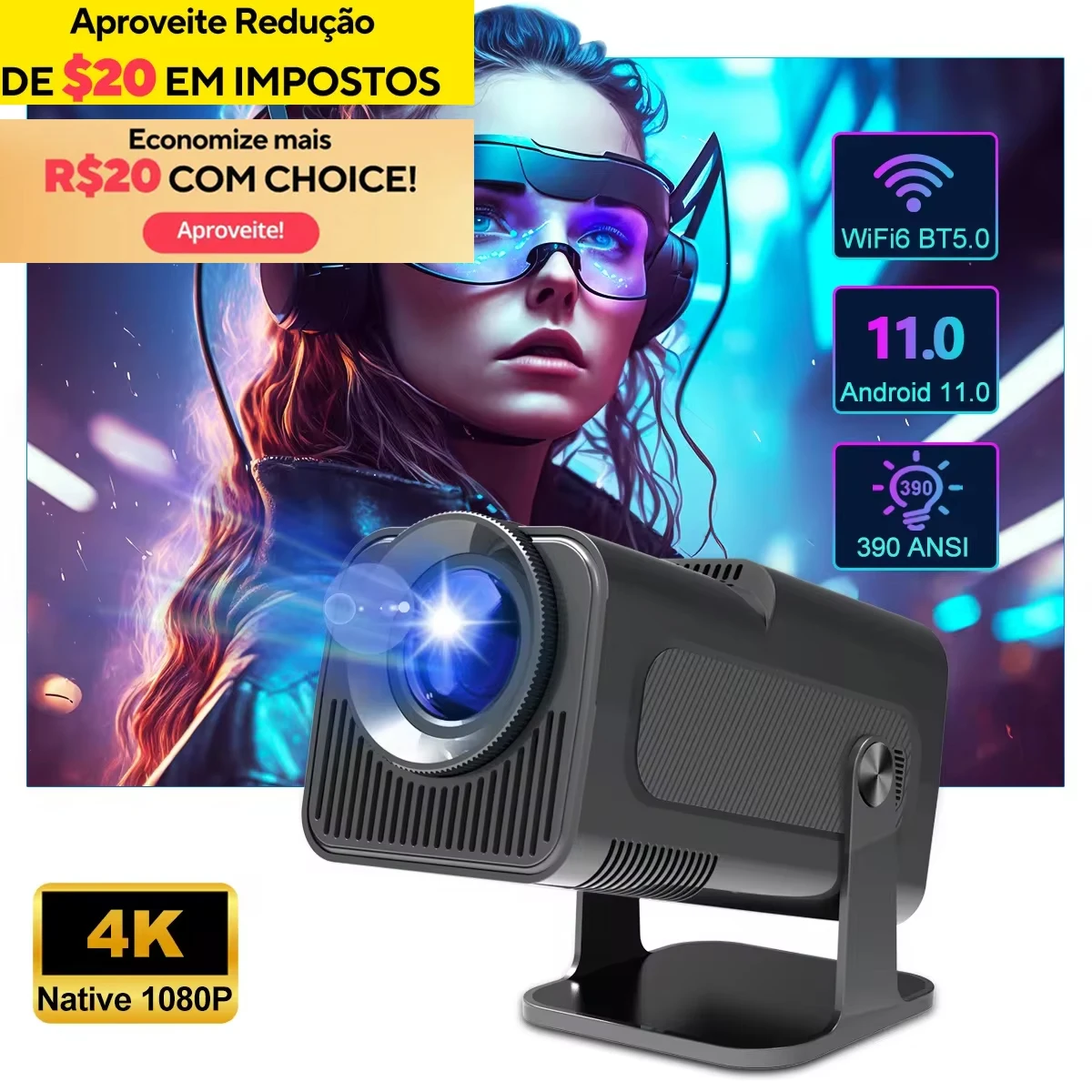 HY320 1080P Projector 720P Android 11 4K Projector 300ANSI Wifi6 BT5.0 Cinema Outdoor Portable 180° Rotable Projector