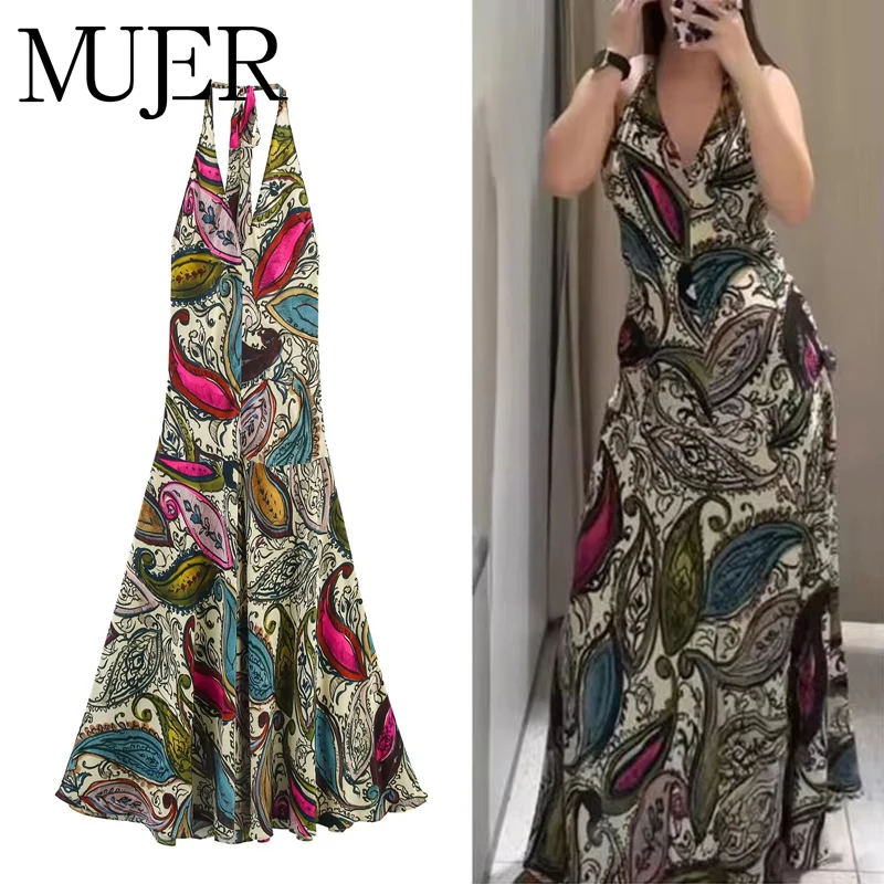 MUJER Stampa Abiti lunghi con scollo all'americana per donna Boho Beach Maxi abito Donna Abiti da festa sexy senza schienale Abito da donna per le vacanze