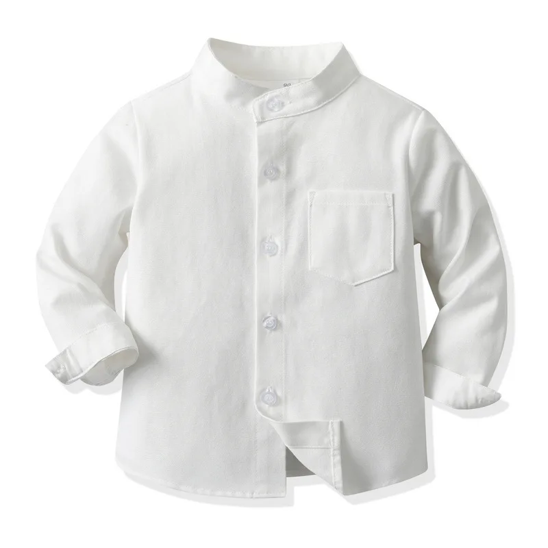 Boys Cotton White Long-Sleeved Shirt Spring New Children's Baby Formal Mandarin Collar Buttons Cardigan Shirts With A Pocket