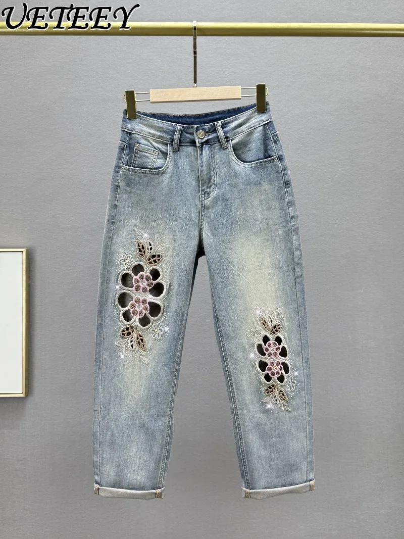 

Женские тонкие джинсы Harlan с девятью точками, лето 2025, новые хлопковые эластичные джинсовые брюки с высокой талией и вышивкой в стиле ретро, полые джинсовые брюки с бриллиантами