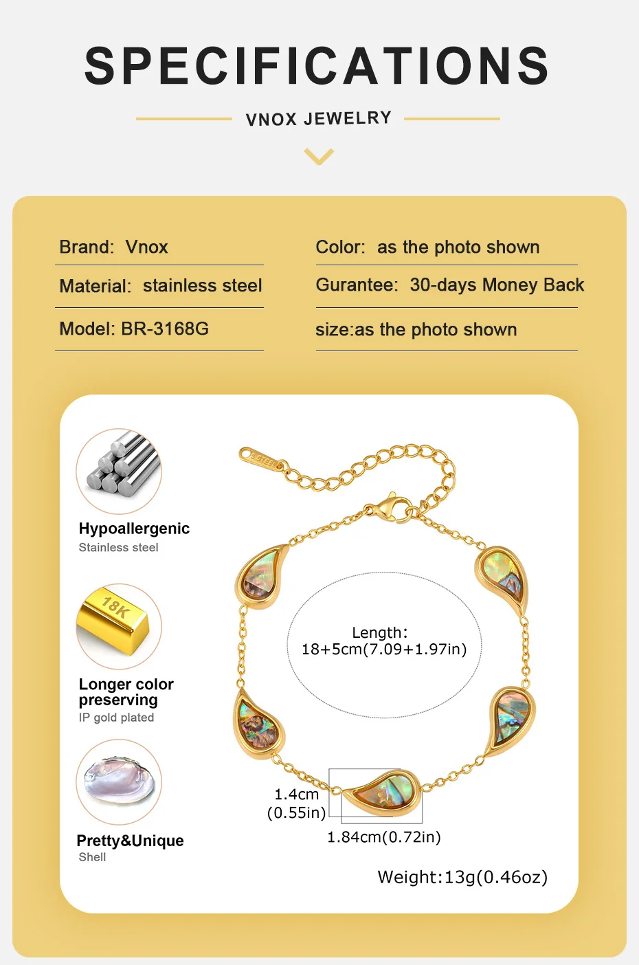 Vnox Vergoldetes Abalone-Muschel-Armband für Frauen Trendiges Geometrisches Tropfenförmiges Armband Sommer Strand Boho Schmuck Wasserfest – Detail 4