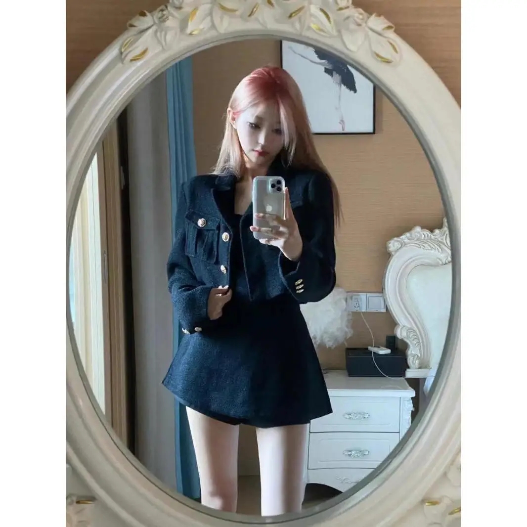 

Spring and Autumn New High end Black Suit Short Coat Metal Button Camisole Dress Slim Mini Dress Set Two Piece SetsWomen Outfits