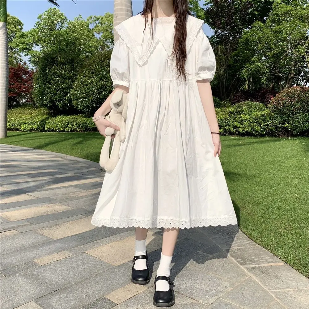 

Plus Size 5XL 150kg Vintage Summer Dress Women Short Sleeve Peter Pan Collar Loose Dresses Elegant High Waist Sweet Dresses