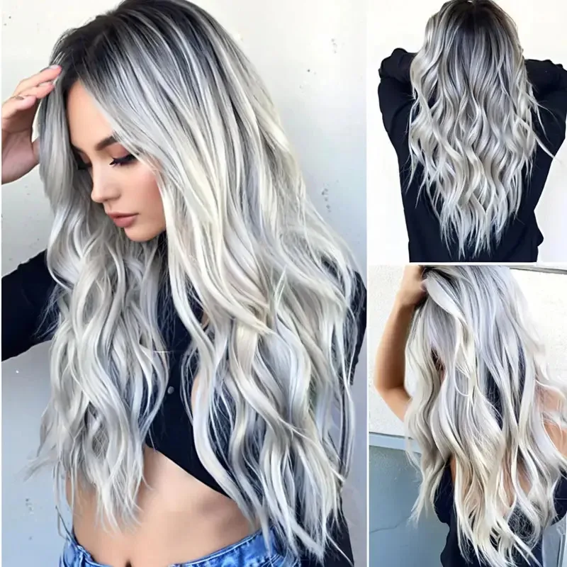 

Gray Gradient Medium Long Curly Wig Fashionable Big Wave Long Curly Wig Women's Wig