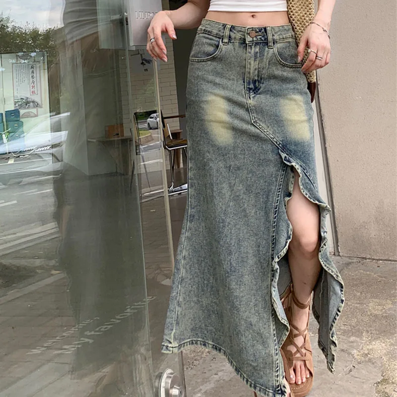 

2025 Women's Y2K Jeans Asymmetrical Mermaid Denim Skirt High Waist A-Line Bodycon Slit Maxi 2714