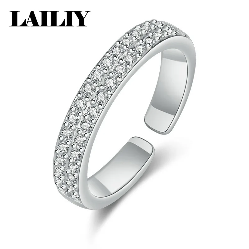 925 Sterling Silver 18K Gold Diamond Set Double Row Adjustable Ring for Women Fashion Jewelry