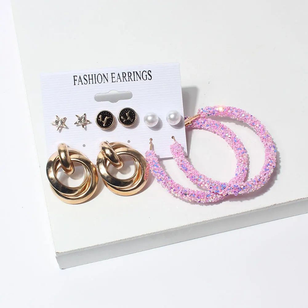 

Punk Geometry Sequin Earring Set 6 Pairs Women's Faion Jewelry Ear Cuff Accory Bright Sparkling Geometric Hoops