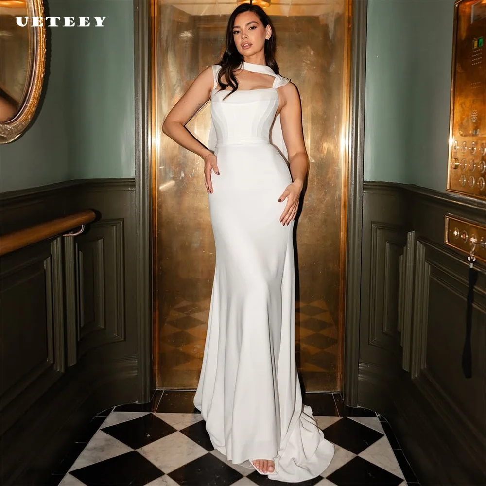 

UETEEY Customized Simple Sleeveless Button Square Neck Mermaid Wedding Dress For Women Crepe Zipper Back Court Train Bridal Gown