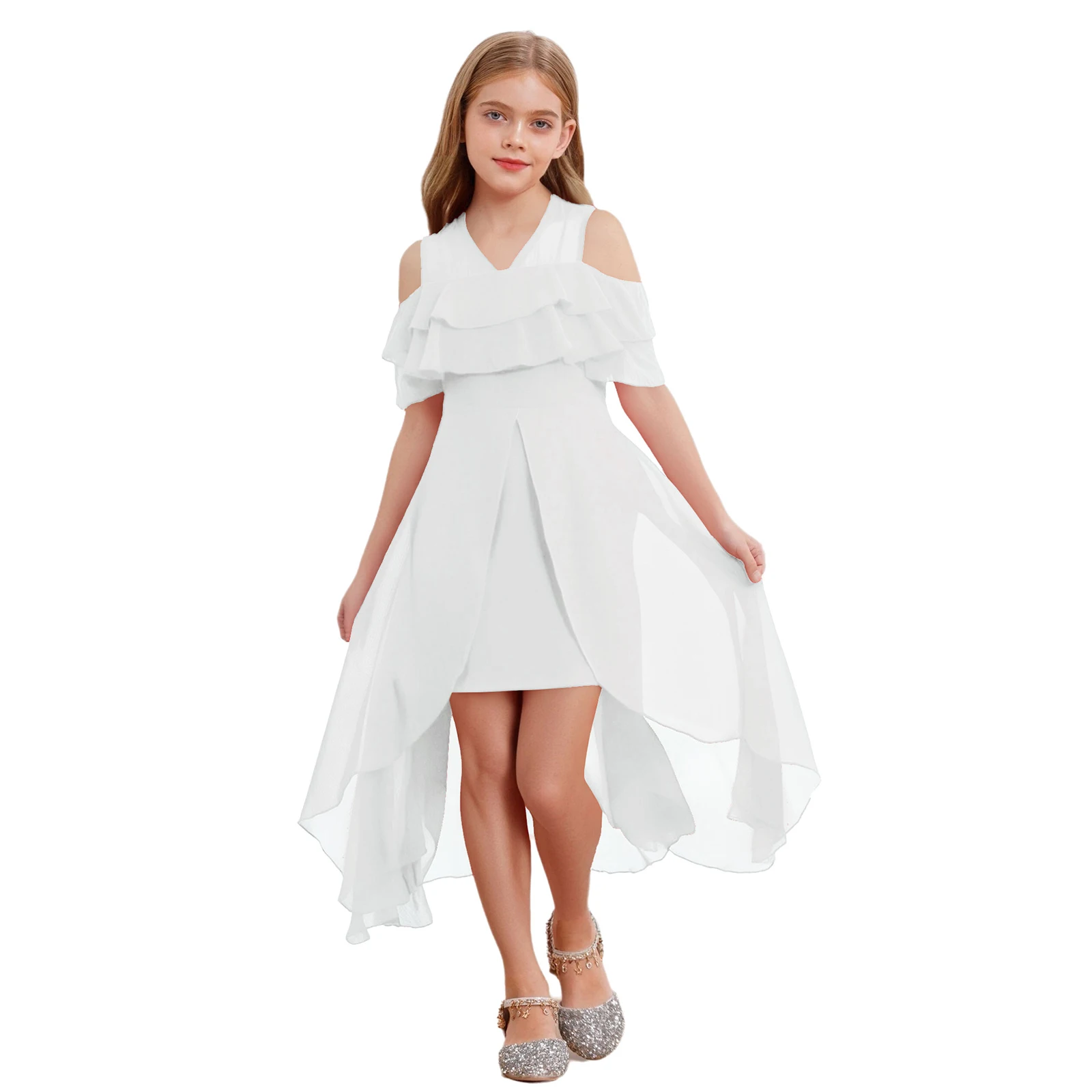 

Kids Girls Party Dresses V-Neck Ruffled Sleeves Chiffon Dress Solid Color High-Low Dresses Elegant Wedding Birthday Ball Gowns