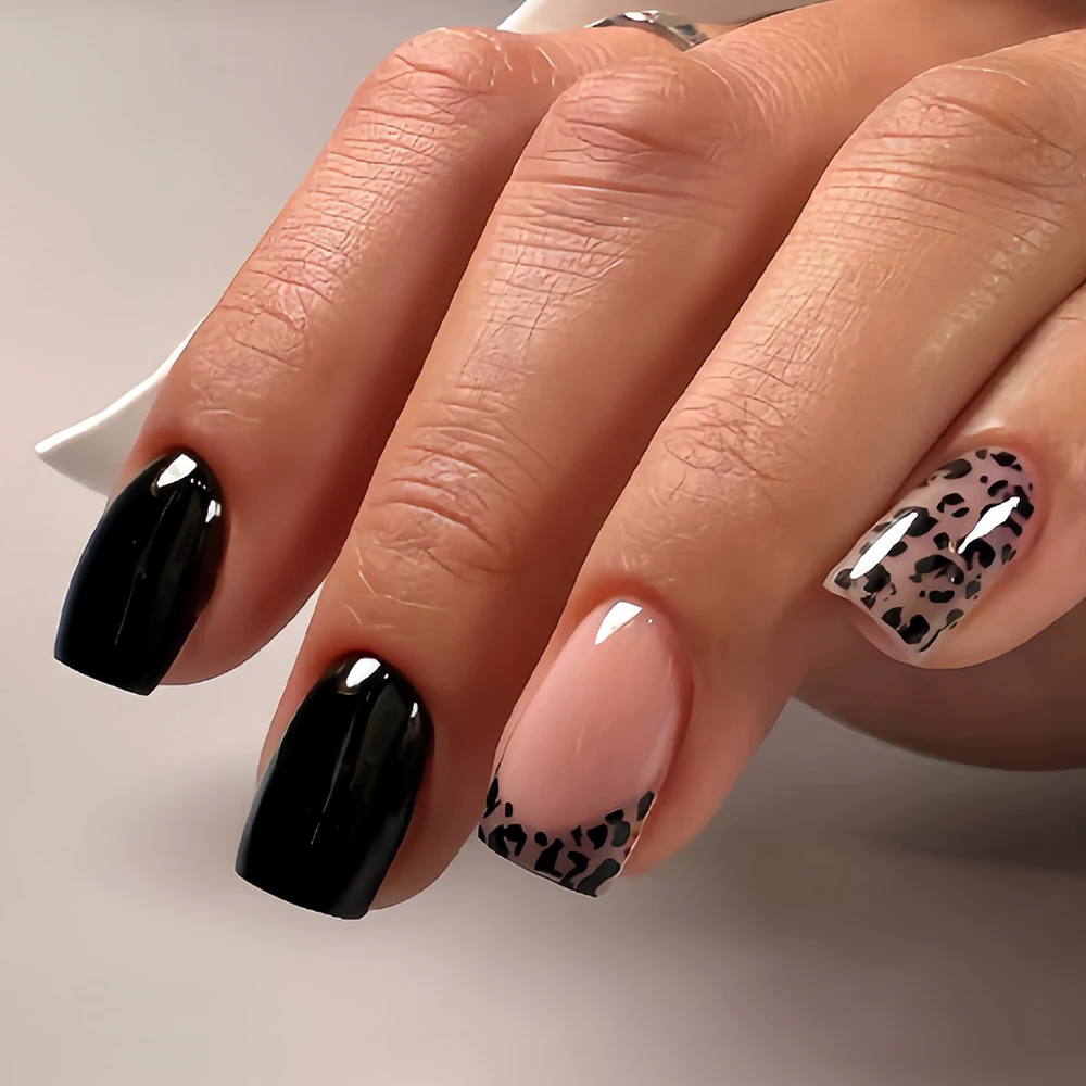 24Pcs Short Square Nails Y2K Style Black Simple Fashion Fake Nails Leopard Print Design French Style Press-On Nails Suitable for Women for Dating and Daily Wear Mother's Day Gift Removable Press-On Nail Set with Jelly Adhesive and File