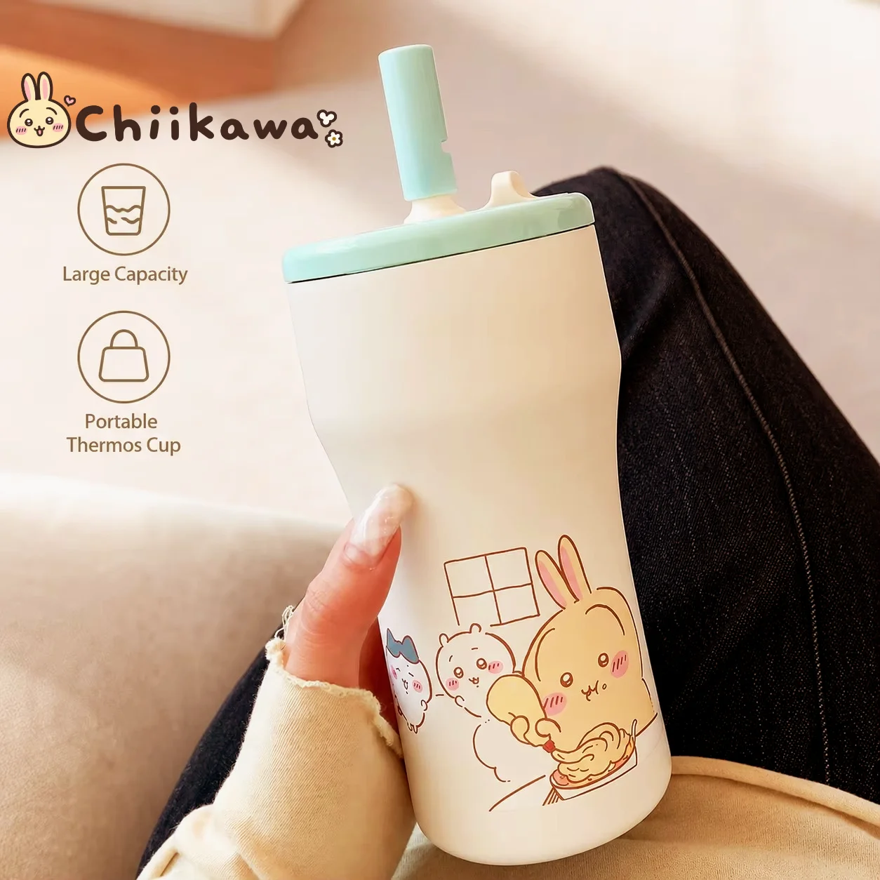 New Chiikawa Thermos Cup 316 Stainless Steel Large Capacity Insulated Water Bottle Leakproof Straw Lid Thermal Drinking Cup2027
