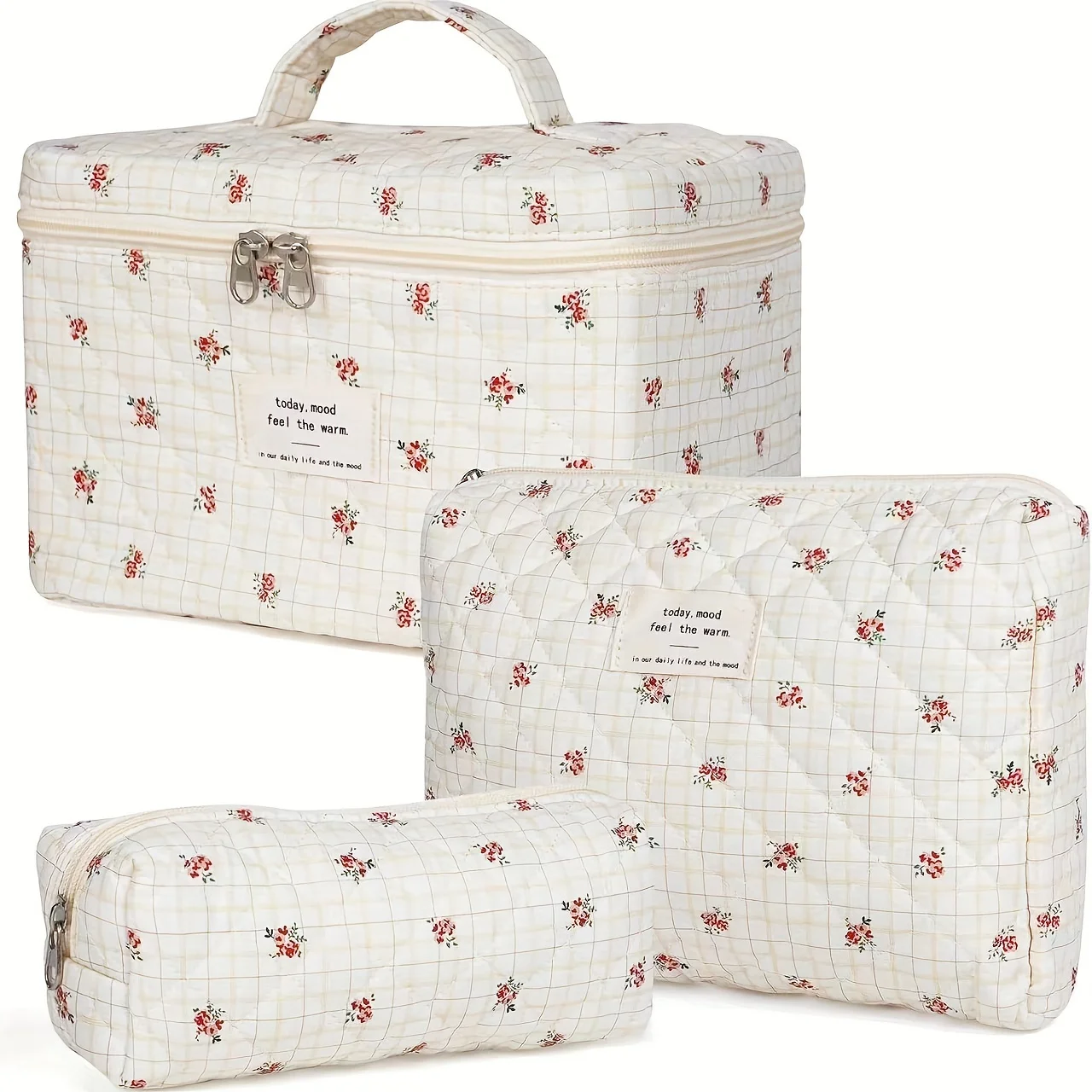 

3-Piece Cotton Cosmetic Bag Set, Floral Design, Multifunctional Makeup Pouches For Ladies And Girls, Toiletry Organizer, Large C