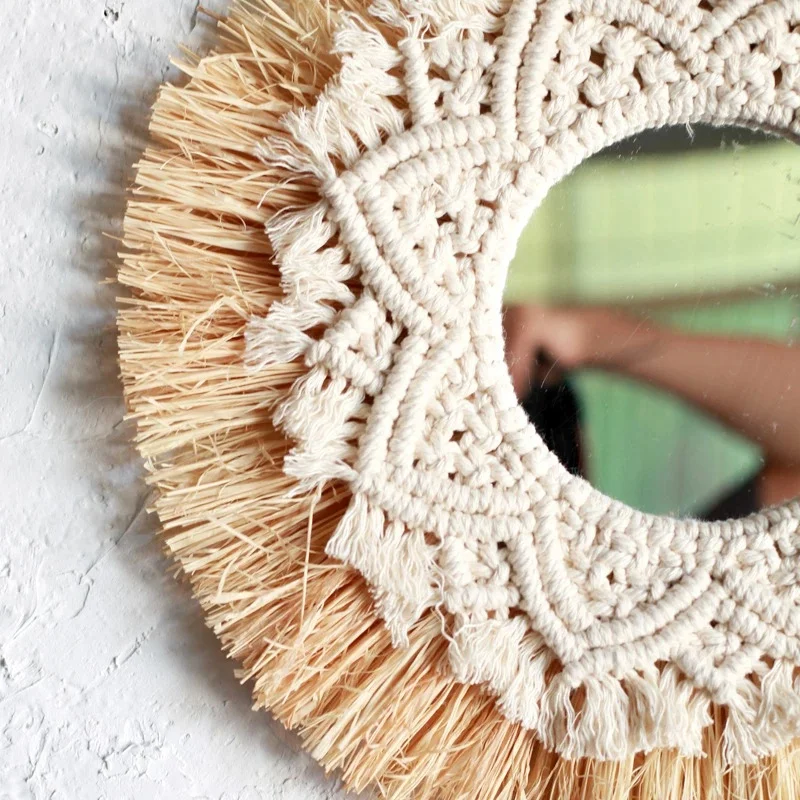 Nordic Straw Woven Hotel Bed and Breakfast Wall Boho Decor Handwoven Mirror Wall Decoration Macrame Decorative Mirror