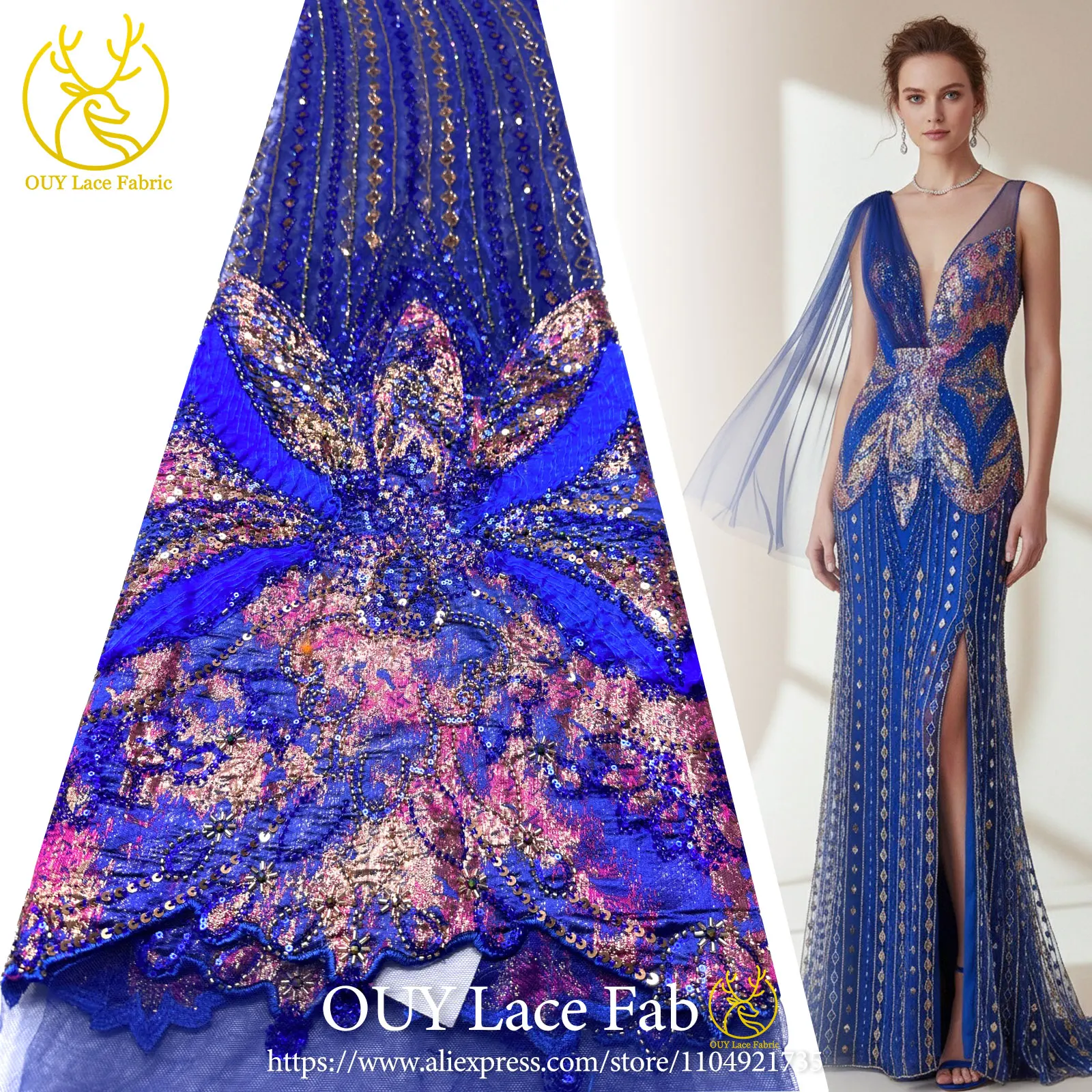 

Новый синий дизайн, африканская шифоновая кружевная ткань с бисером, 2026, высококачественное элегантное нигерийское кружевное платье с блестками, женское праздничное платье