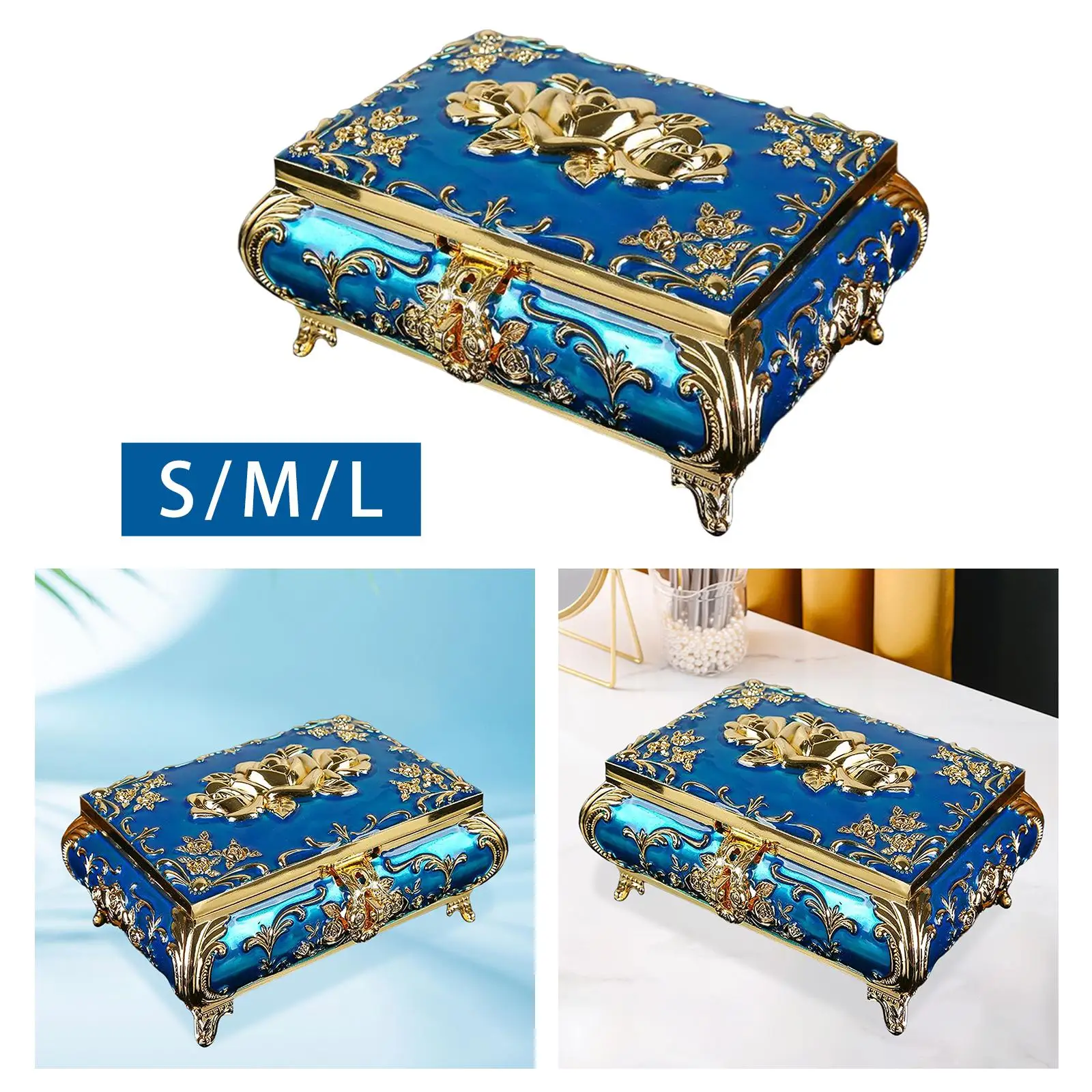 Golden Rose Engraved Trinket Box Blue Jewelry Box Keepsake for Rings, Earrings, view 4