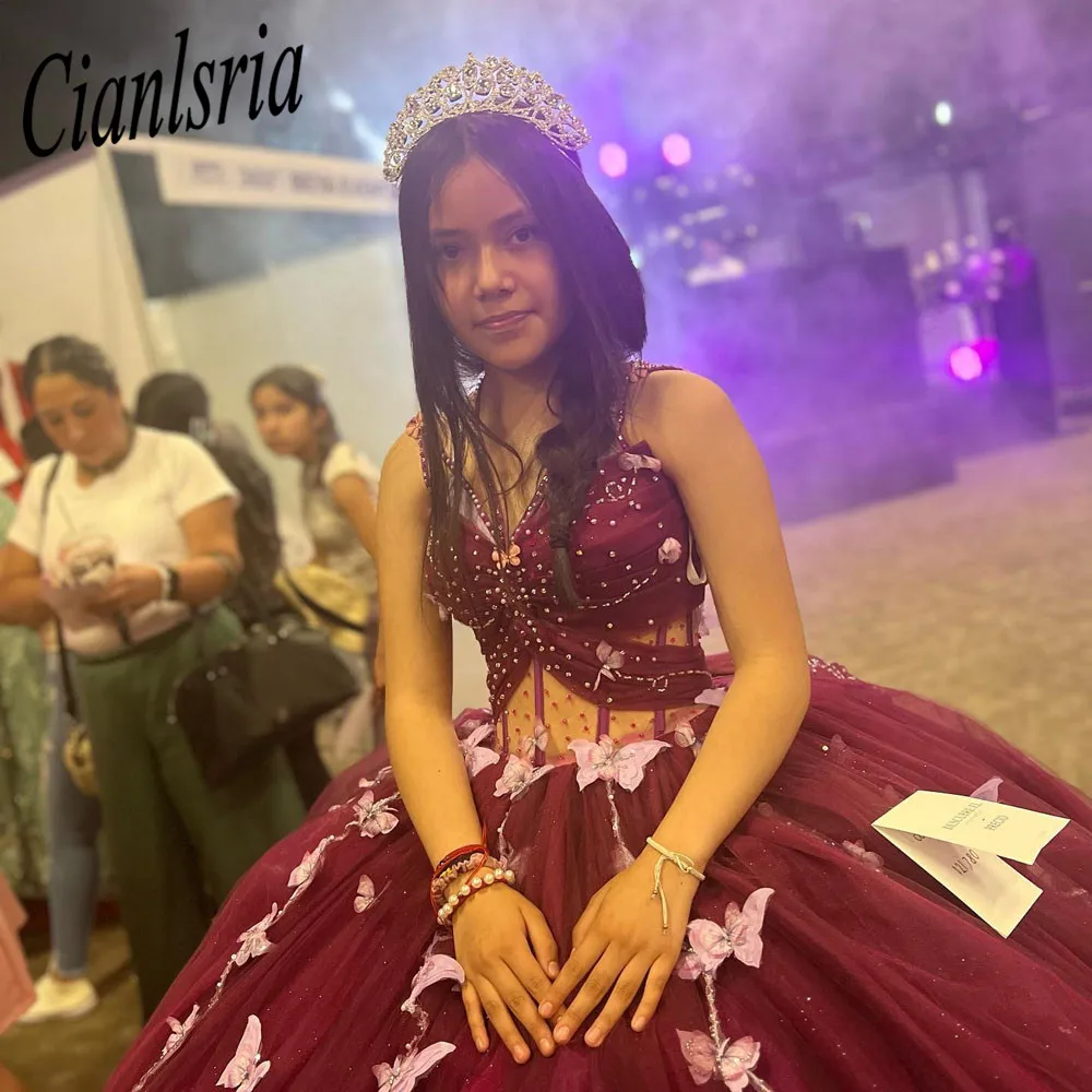 Vestidos de quinceañera sin hombros color burdeos, vestido de baile de cumpleaños, con cordones brillantes, 15 y 16 vestidos de gala