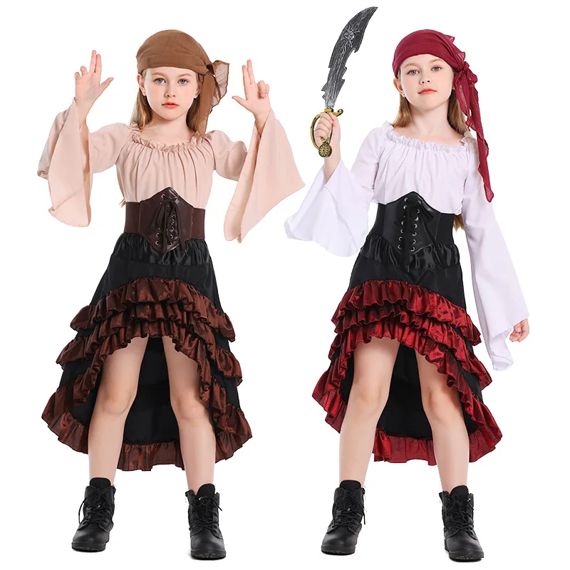 

Girls Pirate Cosplay Costume Pirates of the Caribbean Medieval Retro Long Dress Asymmetrical Hem Carnival Theme Party