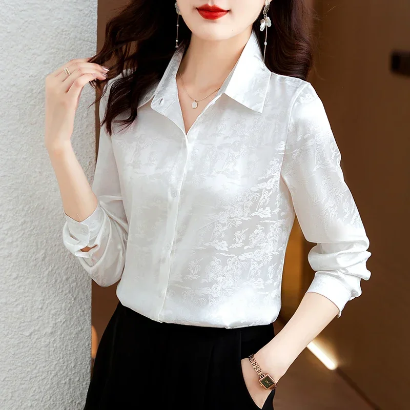 

Autumn Fashion Polo-Neck Women Tops Satin Elegant Slim Women Blouse New OL Embroidered Woman Clothing Loose Long Sleeve Shirts