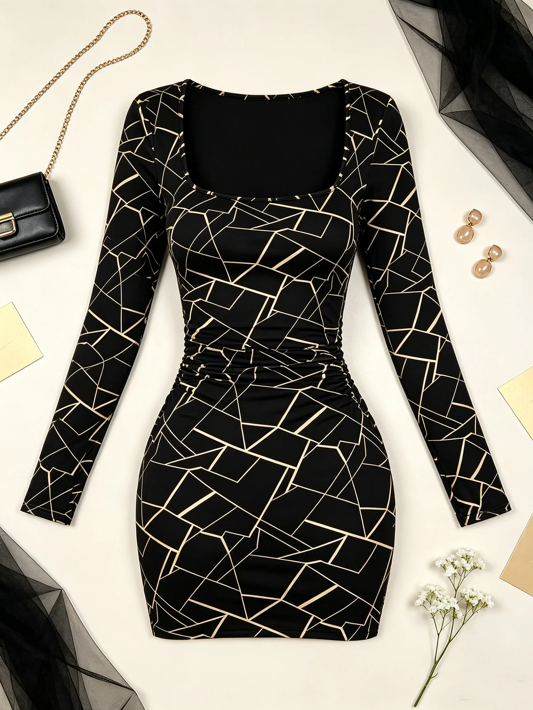 Women's Autumn Geometric Grid Print Long Sleeve Mini Dress Sexy Square Neck Hip-Hugging Design with Waist Bag Included