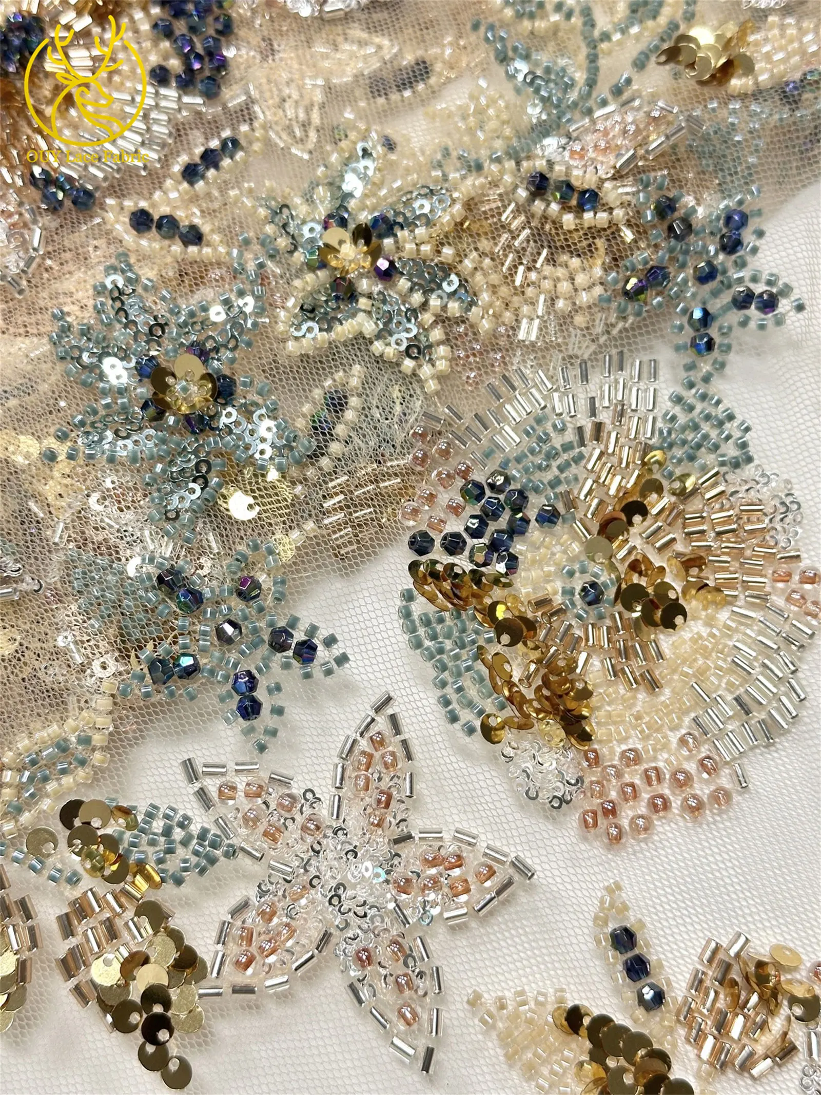 Modischer nigerianischer bestickter Perlen-Spitzenstoff, eleganter afrikanischer Pailletten-Netzstoff für Brautkleider und Partykleider zum Nähen – Detail 19