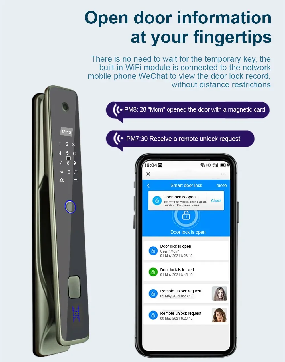 Alumínio Fingerprint Sliding Glass Door Lock, Tuya WiFi, Smart Card
