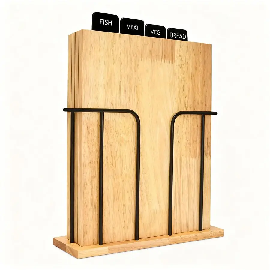 

Wood Cutting Board Set of 4 with Food Labels amp Holder Kitchen Chopping Boards for Meat, Bread amp Veg Easy Storage Wooden Cutt