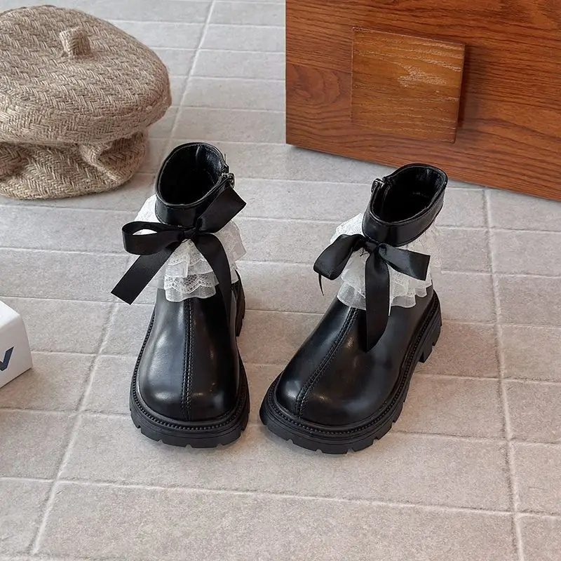 الفتيات فروي الدانتيل الجلود حذاء من الجلد لخريف شتاء 2025 الأميرة نمط أحذية بوت قصيرة العصرية الاطفال أحذية الشتاء #6