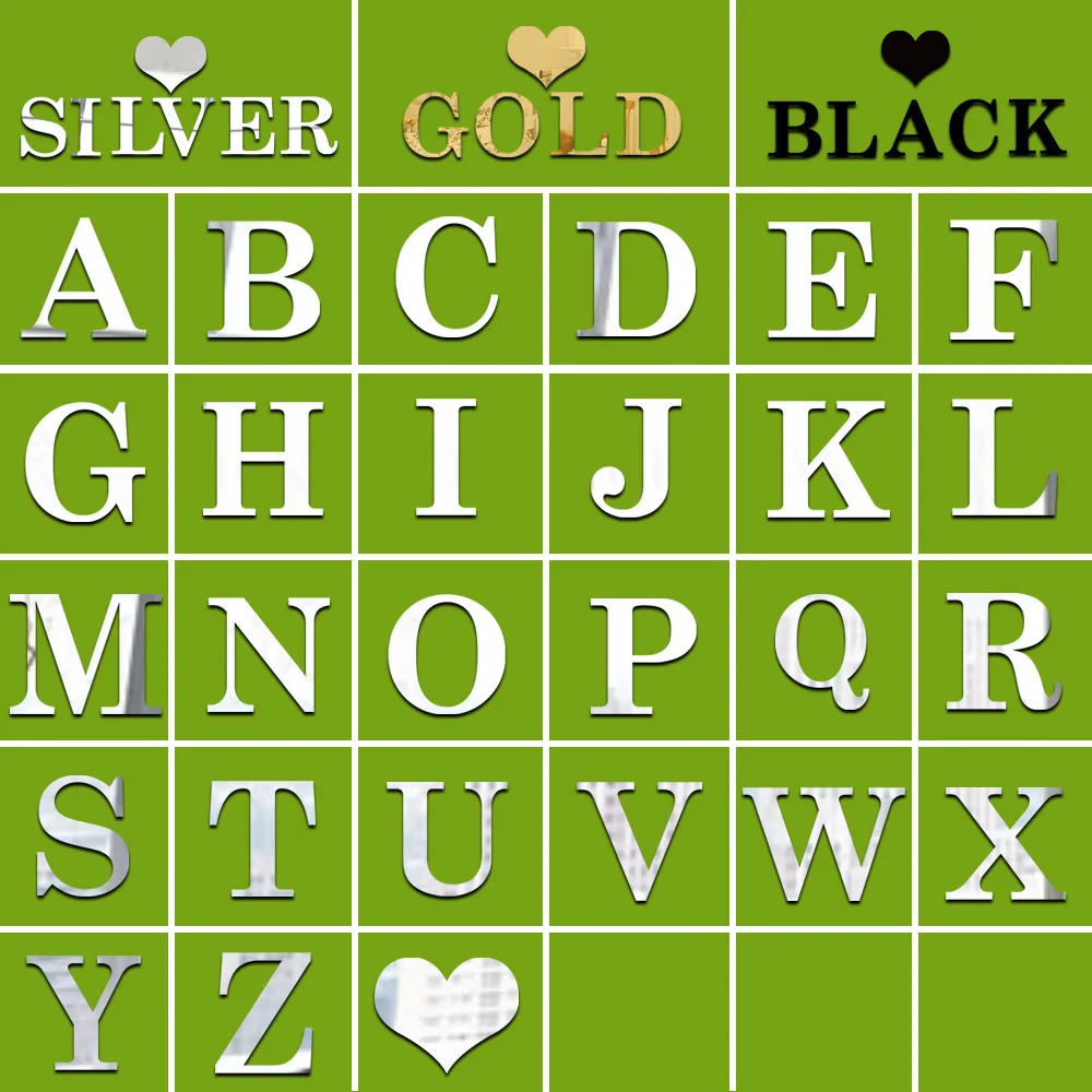 1MM DIY Number 26 English Letters Capital Silver Mirror Sticker. Free Combination of Wall Stickers. Wall Decoration