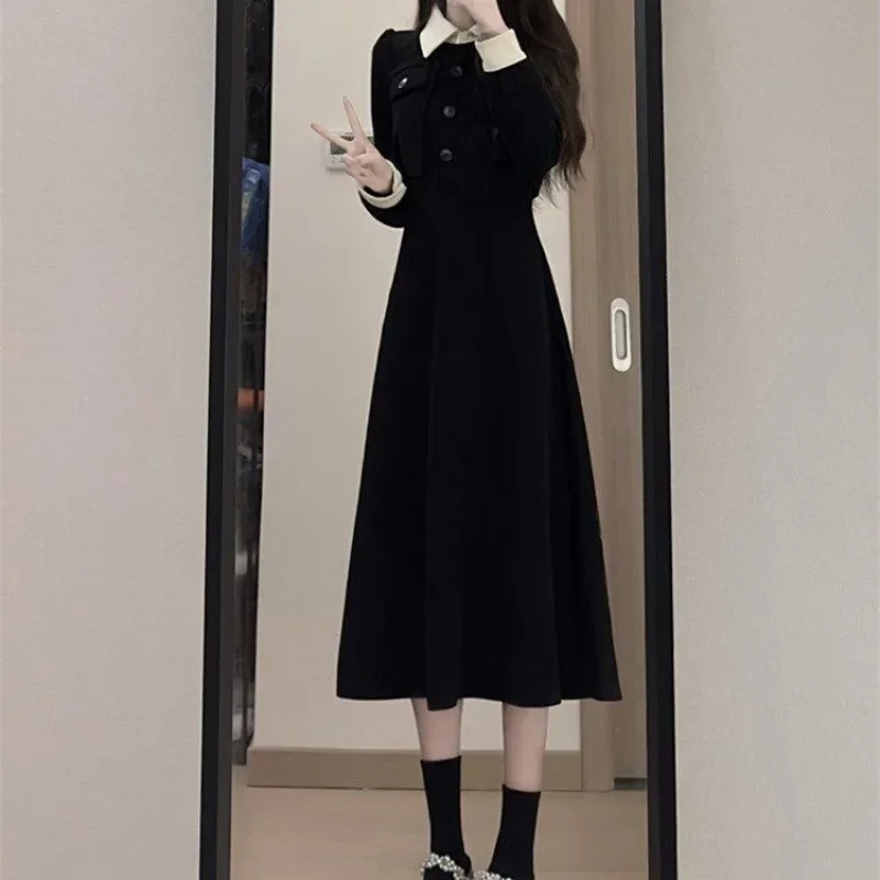 Spring and Autumn Seasons Large Size New Black French Dress Women's Early Autumn Wear Pair Fake Two Waist Wrapped Midlength